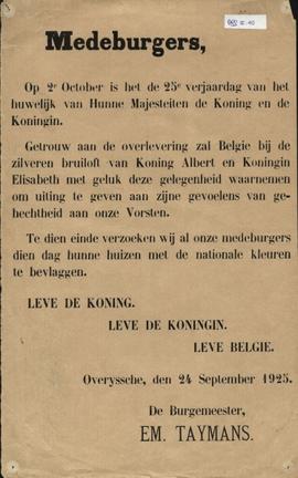 Bericht aan de bevolking i.v.m. de 25ste huwelijksverjaardag van Koning Albert en Koningin Elisabeth