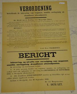 Verordening en bericht aan de bevolking i.v.m. het inleveren van wapens, munitie, oorlogstuig, dr...