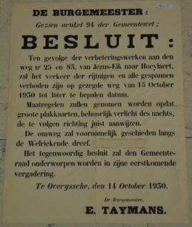 Gemeentebesluit i.v.m. verkeer op weg van Jezus-Eik naar Hoeylaart ten gevolge der verbeteringswe...
