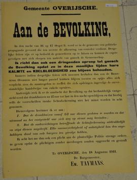 Bericht aan de bevolking i.v.m. politieke propaganda en herbergbezoek gedurende de oorlogstijd